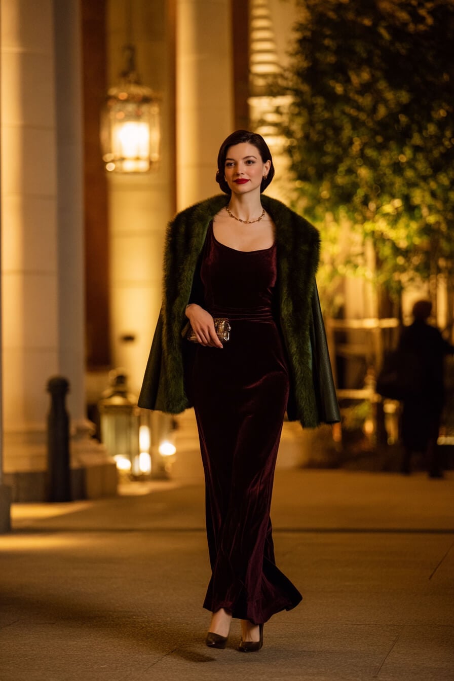 Burgundy Velvet Gown With Faux Fur Stole — Classy Theater Outfits