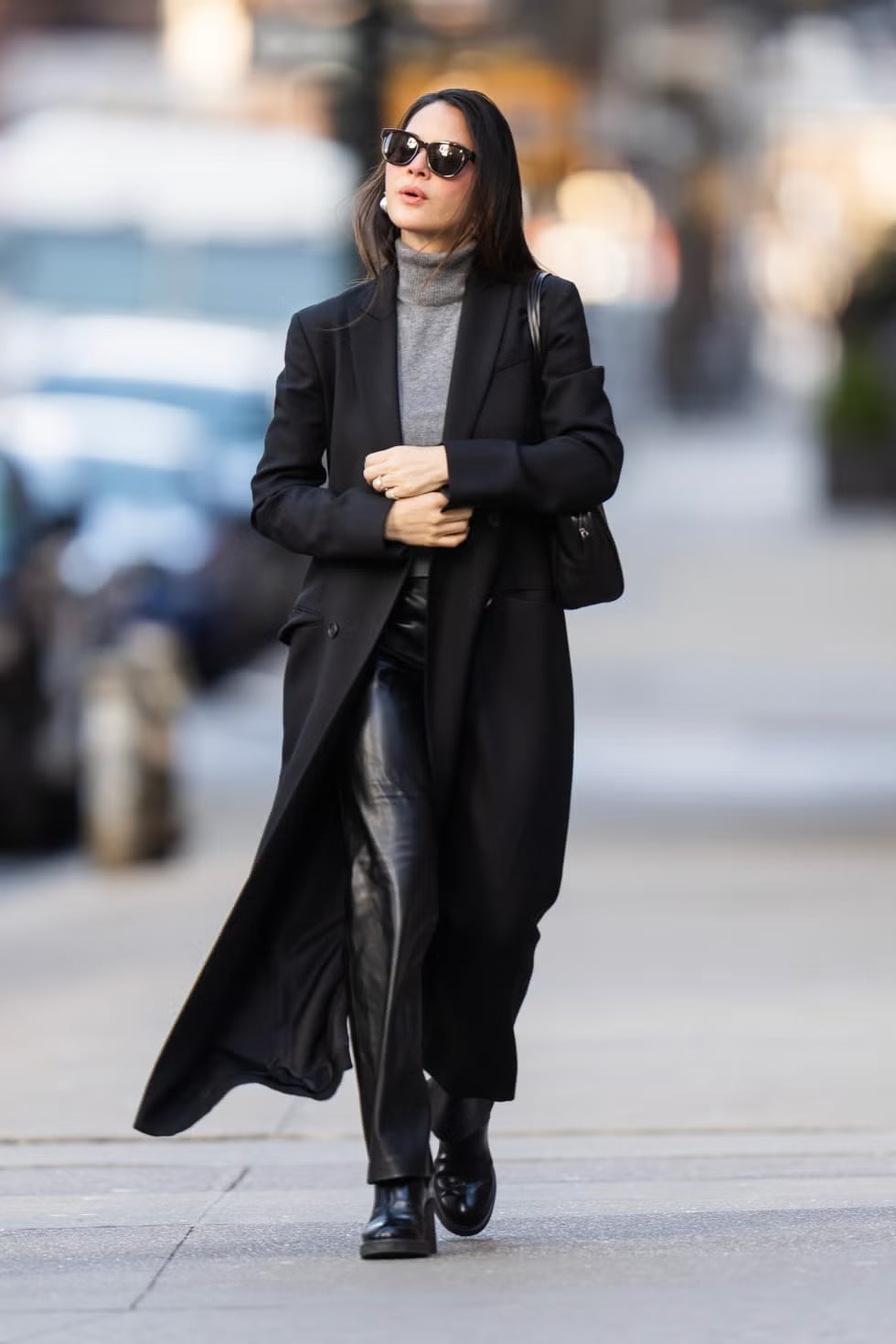 Long Black Coat Over Grey Turtleneck and Leather Trousers — Classy Theater Outfits