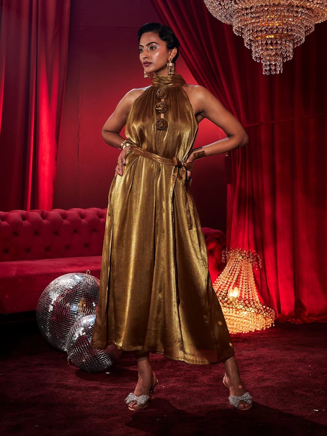 Gold Metallic Halter Neck Midi Dress With Embellishments — Classy Theater Outfits
