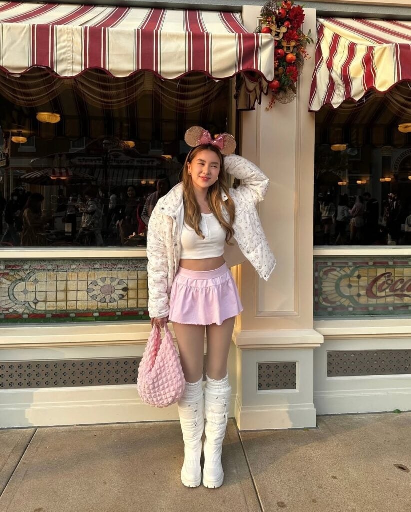 White Puffer Jacket and Pink Mini Skirt Outfit White Puffer Jacket and Pink Mini Skirt Outfit — Classy Theme Park Outfits