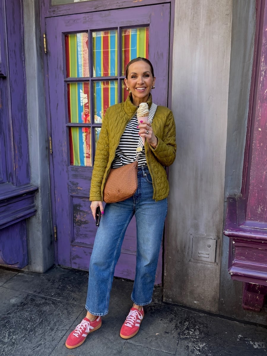 Quilted Olive Jacket and Pink Sneakers Quilted Olive Jacket and Pink Sneakers — Classy Theme Park Outfits