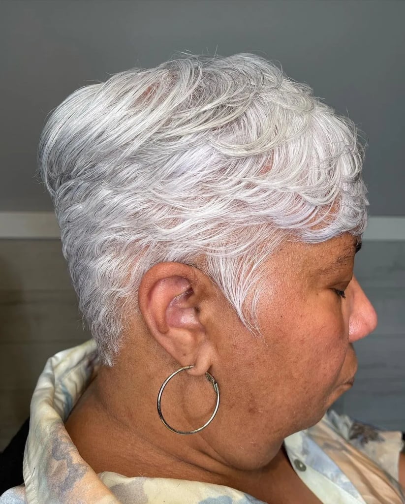Wispy Silver-White Pixie With Crown Volume Wispy Silver-White Pixie With Crown Volume — Classy Thinning Hair