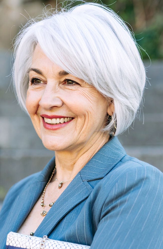 Silver Bob With Side-Swept Bangs, Close-Up Take Silver Bob With Side-Swept Bangs, Close-Up Take — Classy Thinning Hair