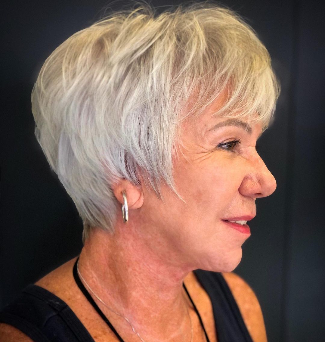 Textured Silver Cut With Side-Swept Bangs Textured Silver Cut With Side-Swept Bangs — Classy Thinning Hair