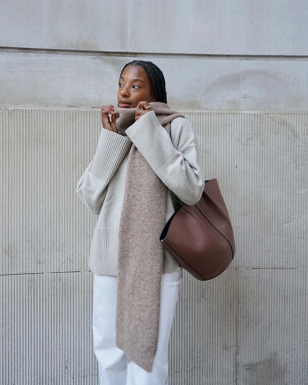 Brown Leather Tote With Cream Sweater And Scarf — Classy Tote Bag Outfits