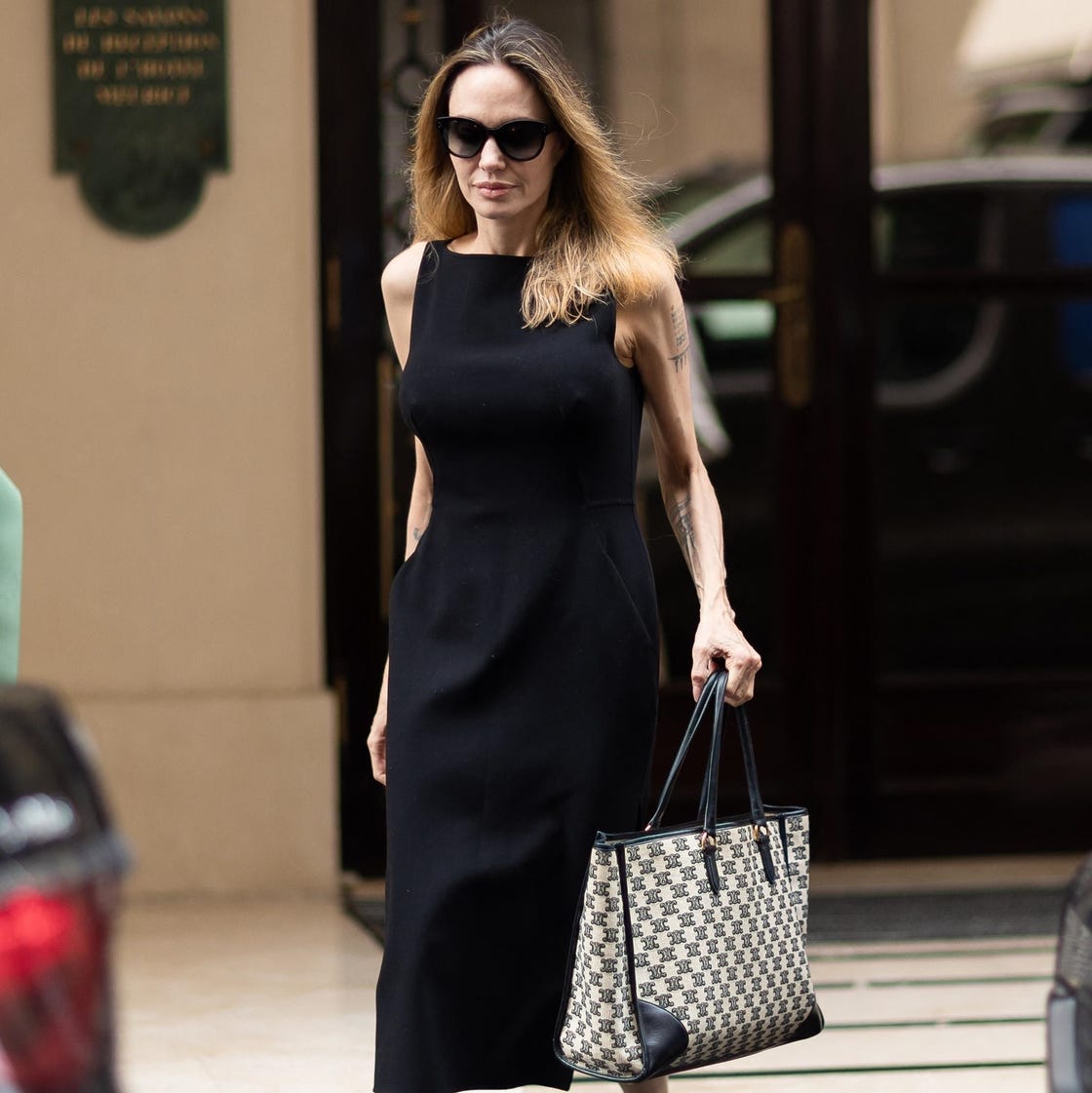Monogrammed Tote Bag With Black Dress — Classy Tote Bag Outfits