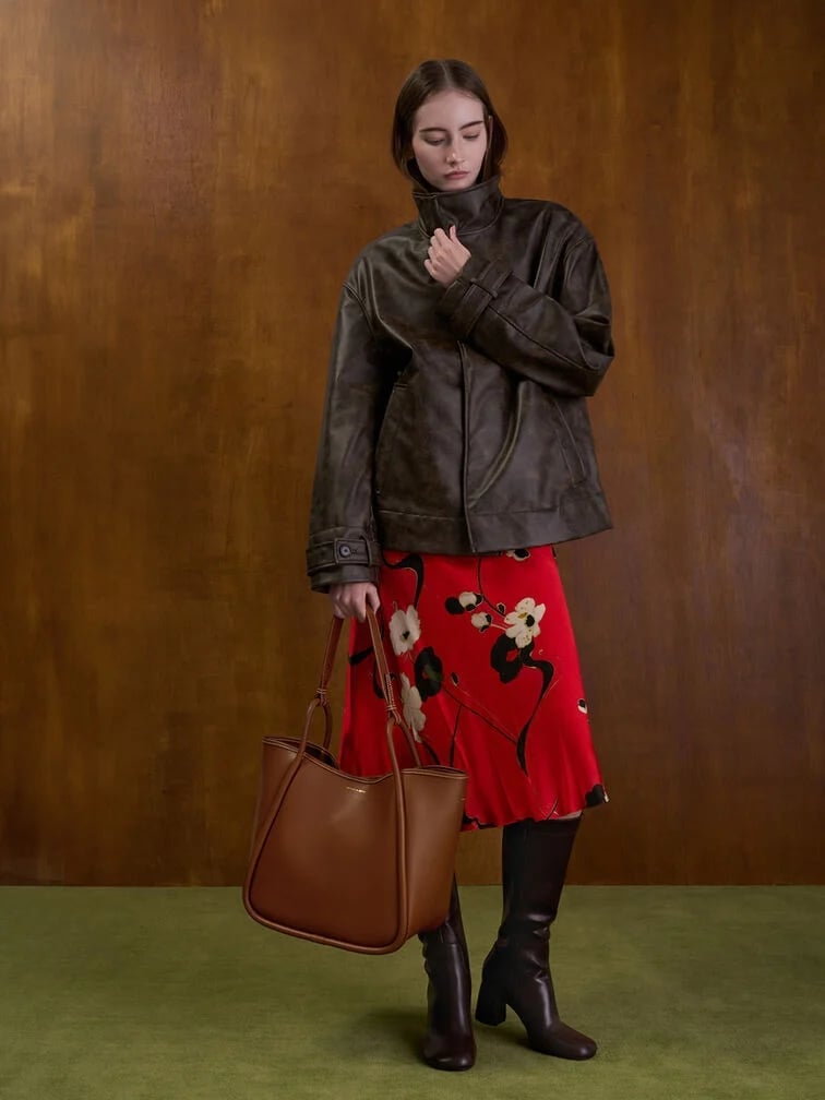 Brown Leather Tote With Floral Dress And Leather Jacket — Classy Tote Bag Outfits