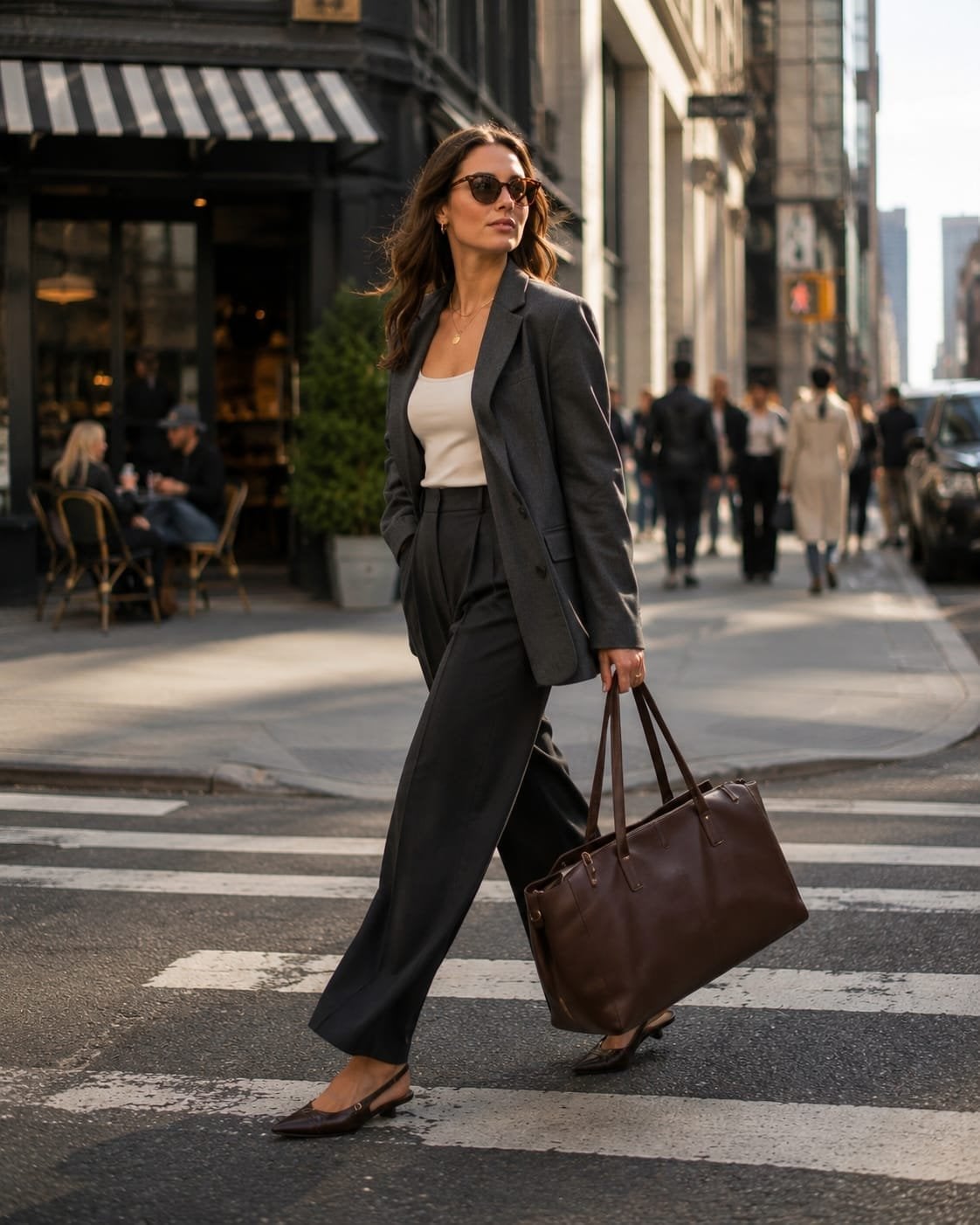 Charcoal Blazer And Wide-Leg Trousers With Brown Tote — Classy Tote Bag Outfits