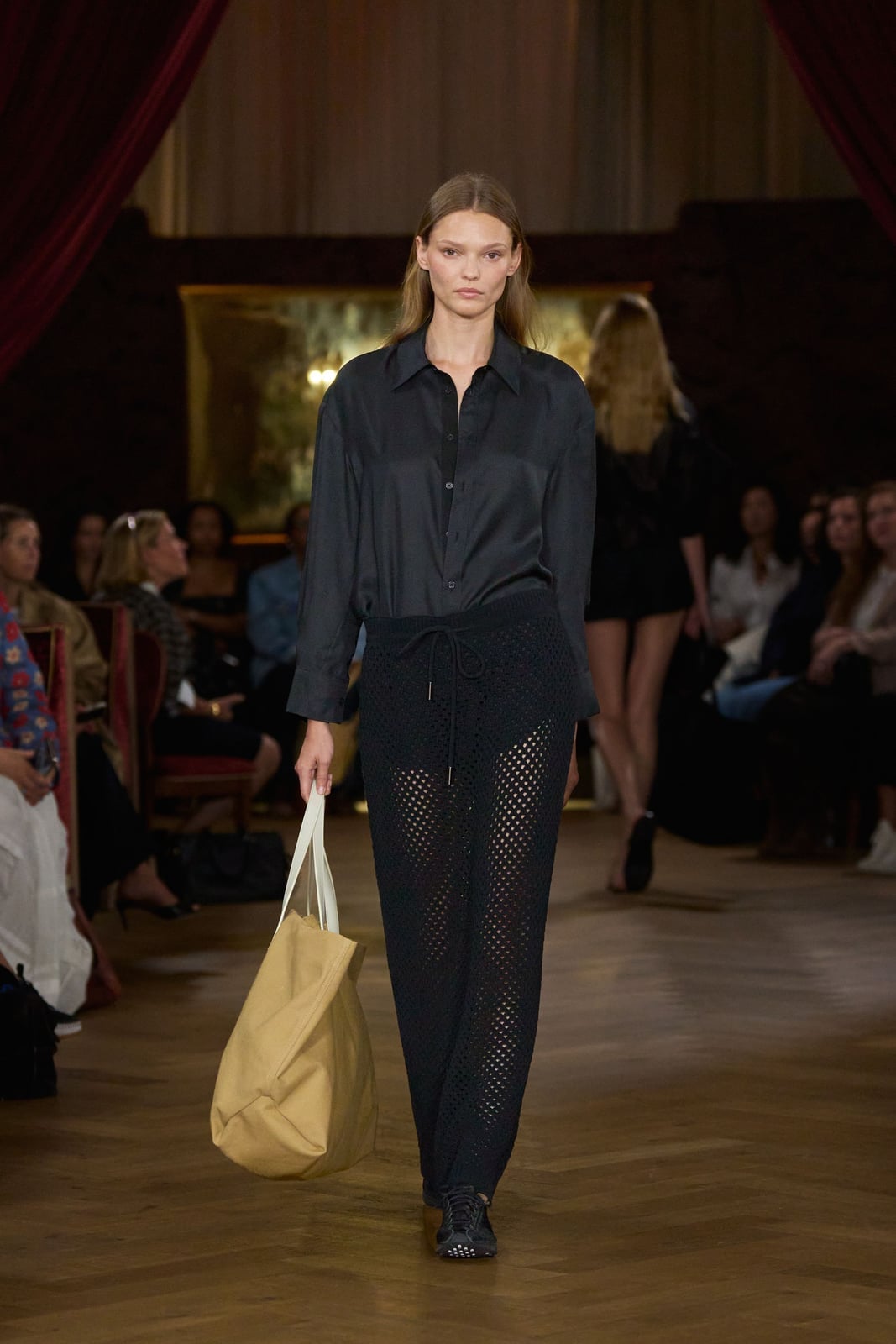 Beige Canvas Tote With Silk Shirt And Knit Trousers — Classy Tote Bag Outfits