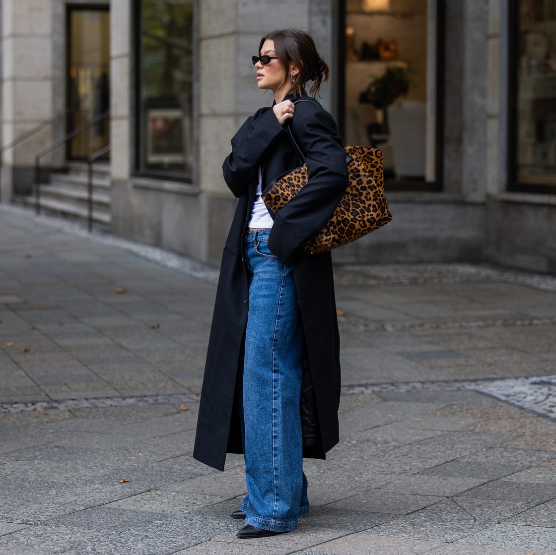 Leopard Print Tote With Long Coat And Jeans — Classy Tote Bag Outfits