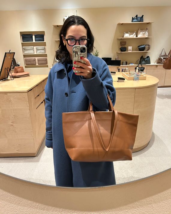 Brown Leather Tote With Blue Coat — Classy Tote Bag Outfits