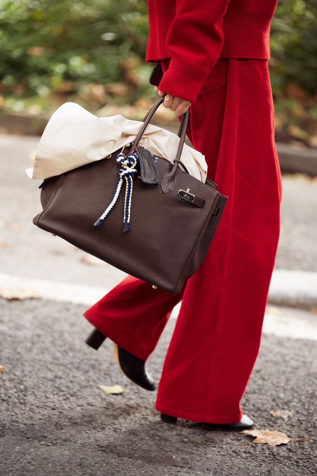 Textured Leather Tote With Red Coat — Classy Tote Bag Outfits