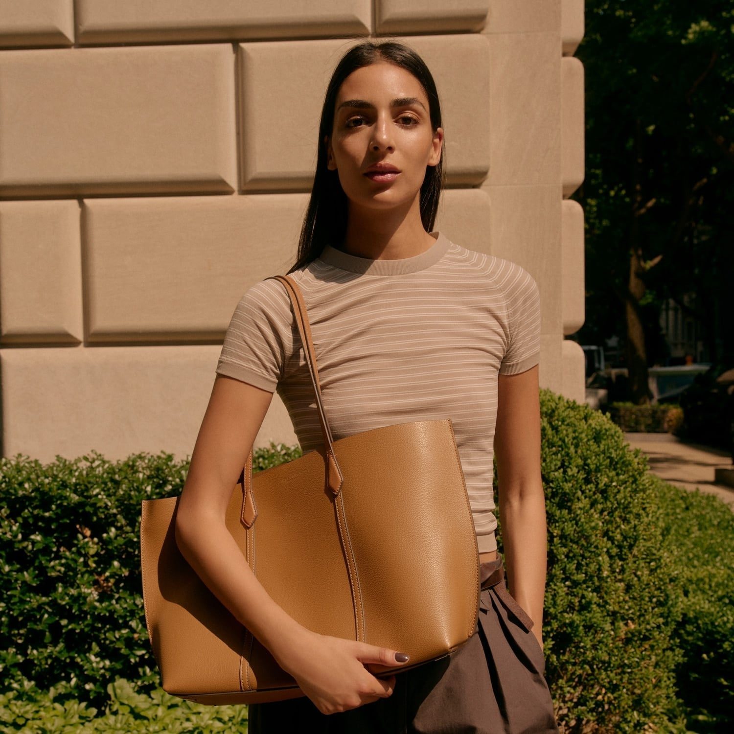 Tan Leather Tote With Striped Top And Wide-Leg Trousers — Classy Tote Bag Outfits