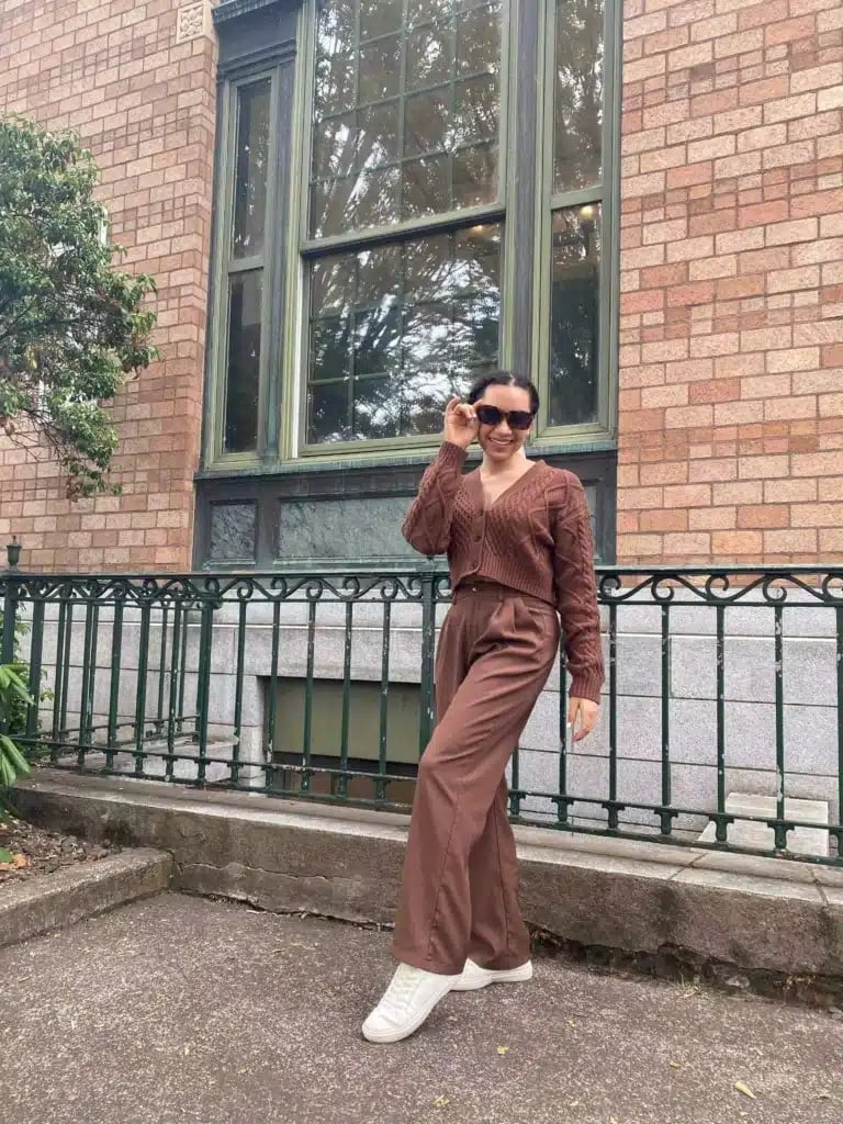 Brown Cable-Knit Cardigan and Matching Trousers Set Brown Cable-Knit Cardigan and Matching Trousers Set — Classy Travel Outfits