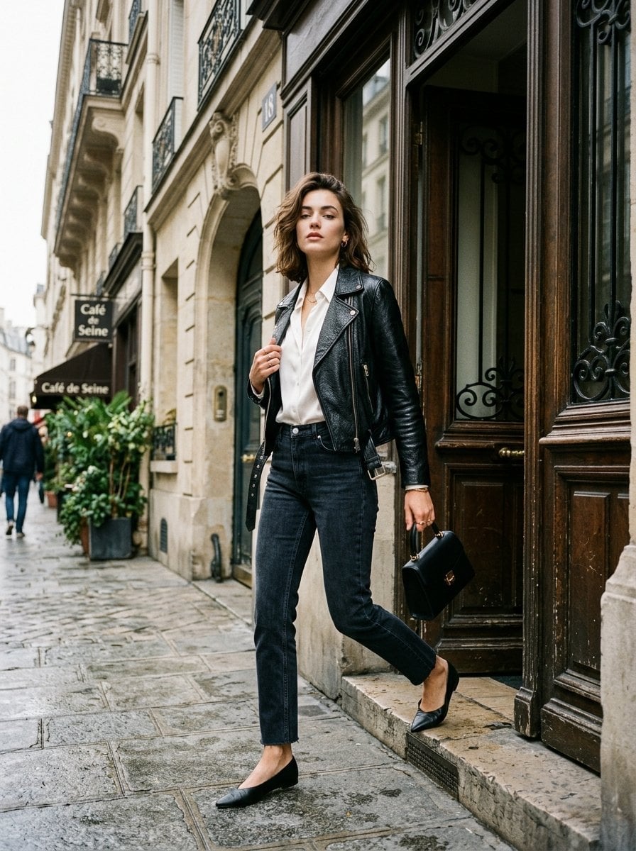 Leather Moto Jacket with Straight Leg Jeans Leather Moto Jacket with Straight Leg Jeans — Classy Travel Outfits