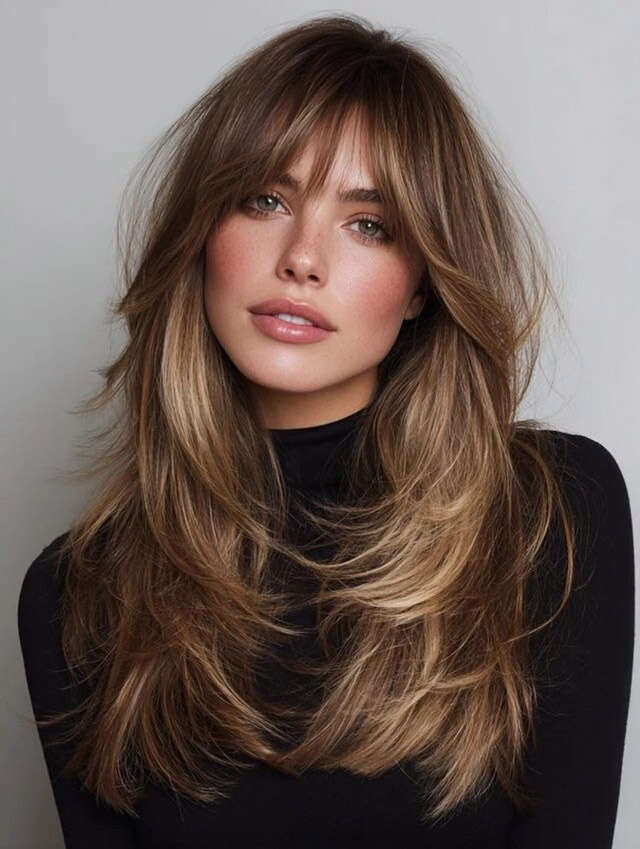 Mid-Back Brunette Balayage With Full Bangs Mid-Back Brunette Balayage With Full Bangs — Classy Trending Hairstyle
