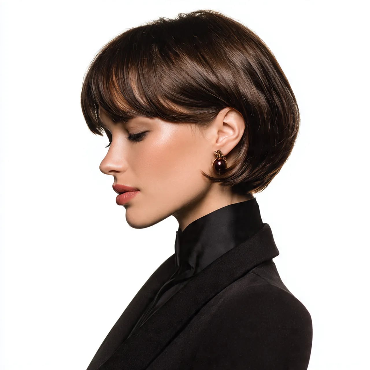 Chin Length Dark Brown Bob With Blunt Fringe, Straight Chin Length Dark Brown Bob With Blunt Fringe, Straight — Classy Trending Hairstyle