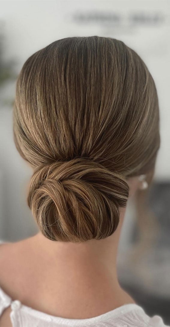 Brown Hair Low Bun With Blonde Highlights, Updo Brown Hair Low Bun With Blonde Highlights, Updo — Classy Trending Hairstyle