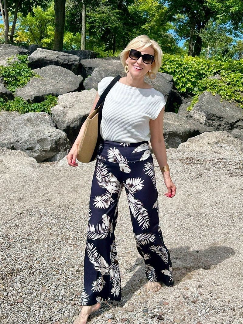 Navy Wide-Leg Pants with White Tropical Leaf Print — Classy Tropical Outfits
