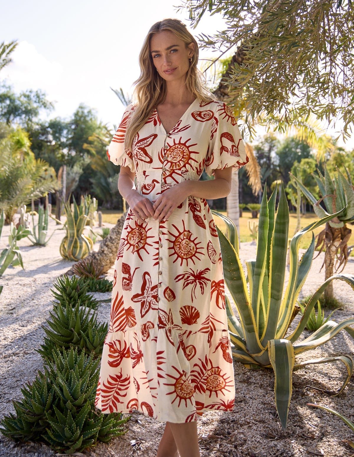 Cream Midi Dress with Tropical Motifs Print — Classy Tropical Outfits