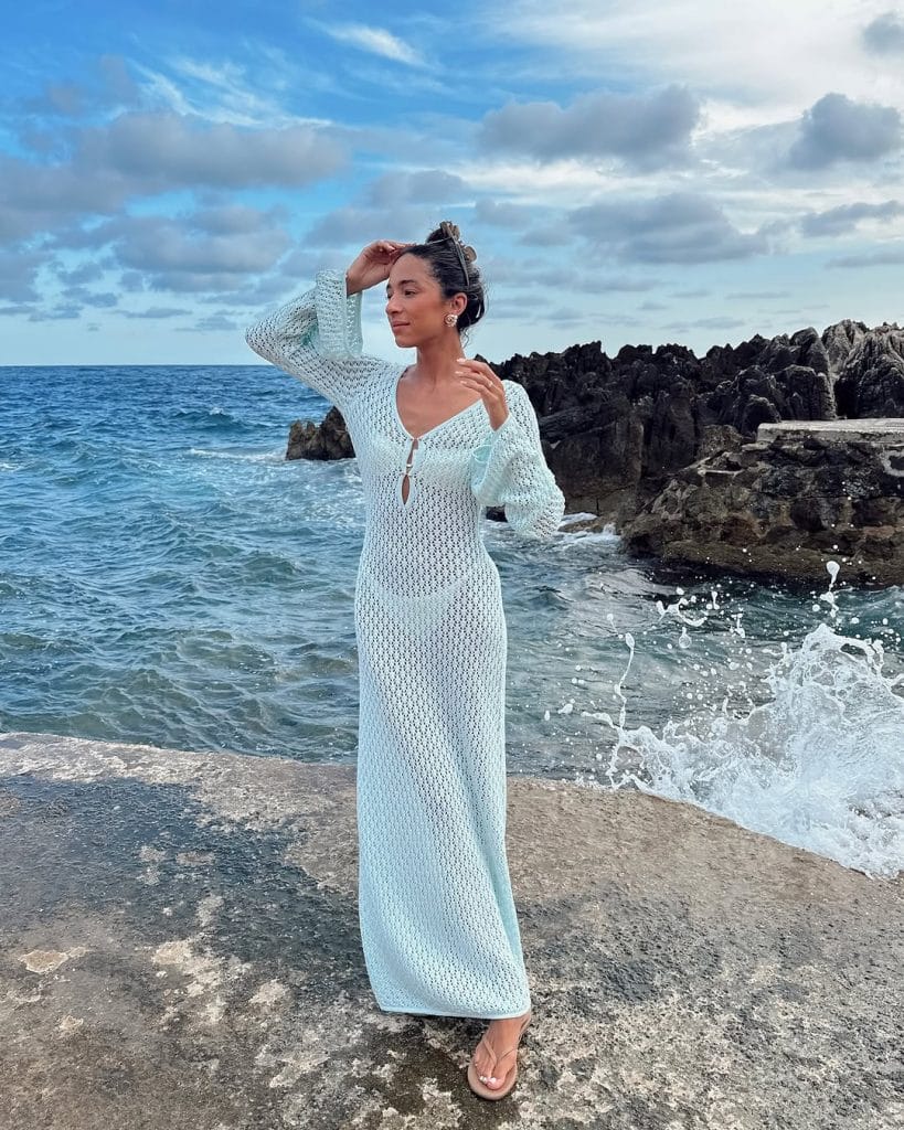 Pale Blue Sheer Crocheted Maxi Dress — Classy Tropical Outfits