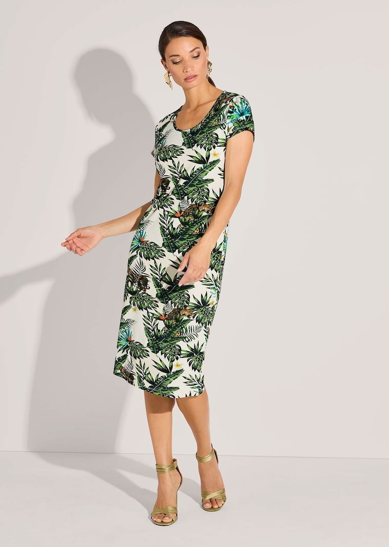 Fitted White Midi Dress with Jungle Print — Classy Tropical Outfits