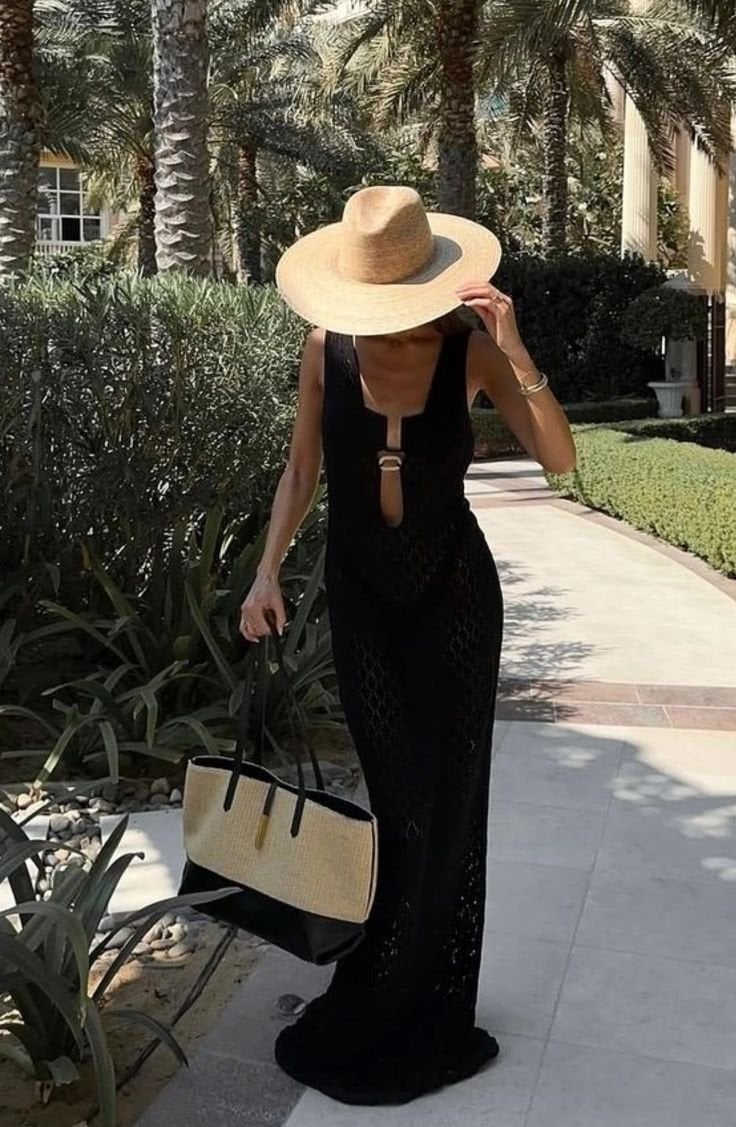 Black Sleeveless Crochet Maxi Dress with Keyhole Neckline — Classy Tropical Outfits