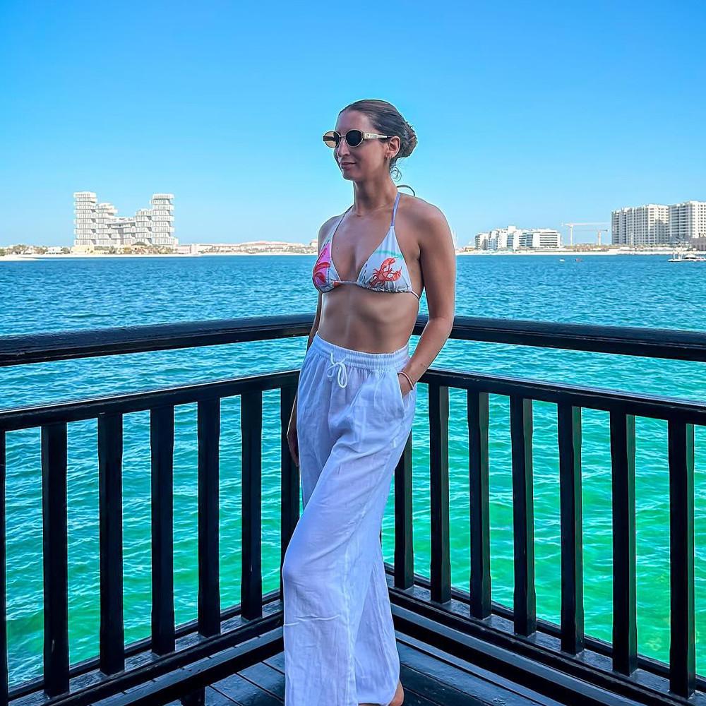 White Linen Wide-Leg Pants with Lobster Print Bikini Top — Classy Tropical Outfits