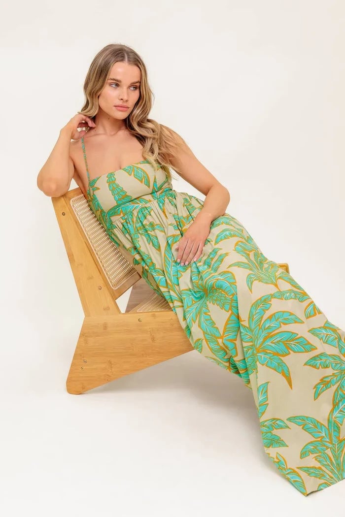 Beige Spaghetti Strap Maxi Dress with Leaf Print — Classy Tropical Outfits