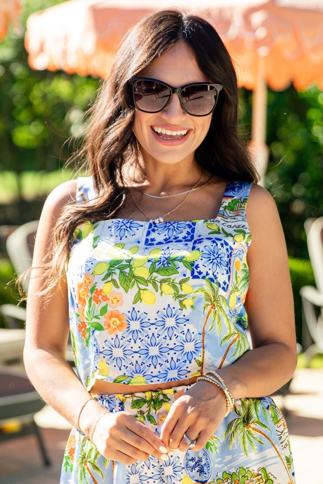 Blue and White Tile Print Cropped Tank Top — Classy Tropical Outfits