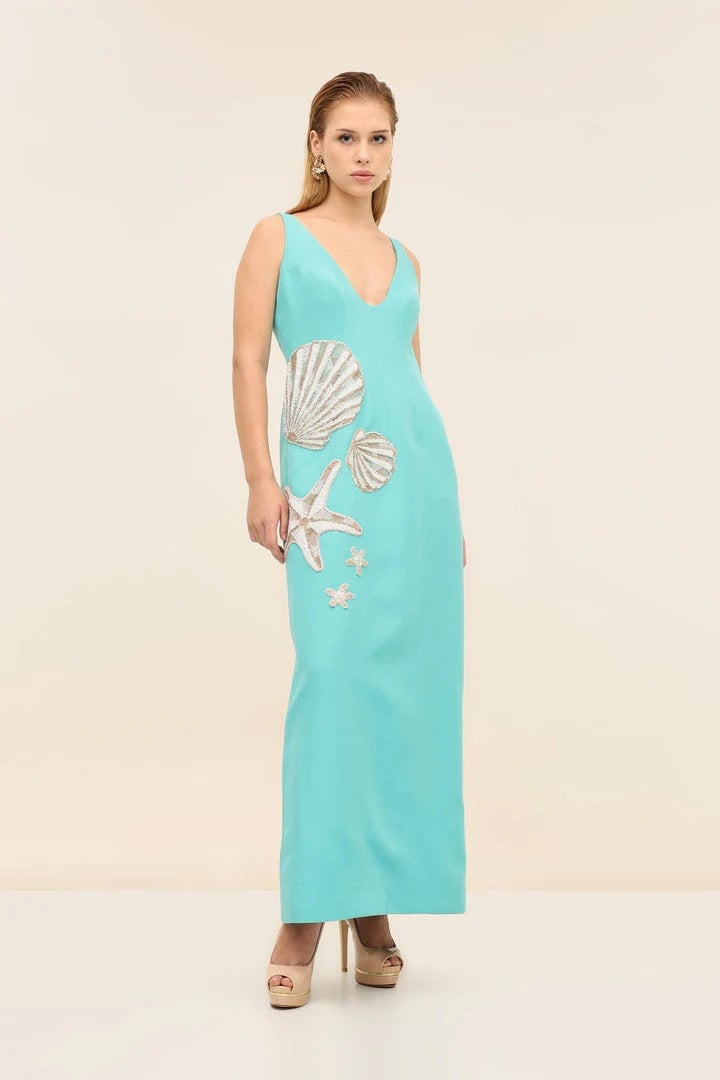 Turquoise Sleeveless Maxi Dress with Shell Embellishments — Classy Tropical Outfits