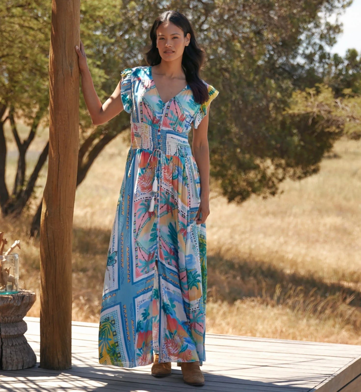 Maxi Dress with Patchwork Tropical Print — Classy Tropical Outfits