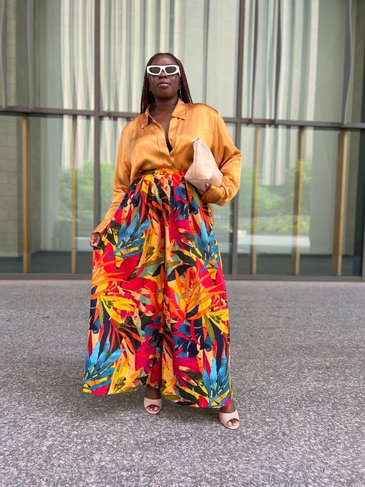 Gold Satin Shirt with Vibrant Tropical Print, Everyday Version — Classy Tropical Outfits
