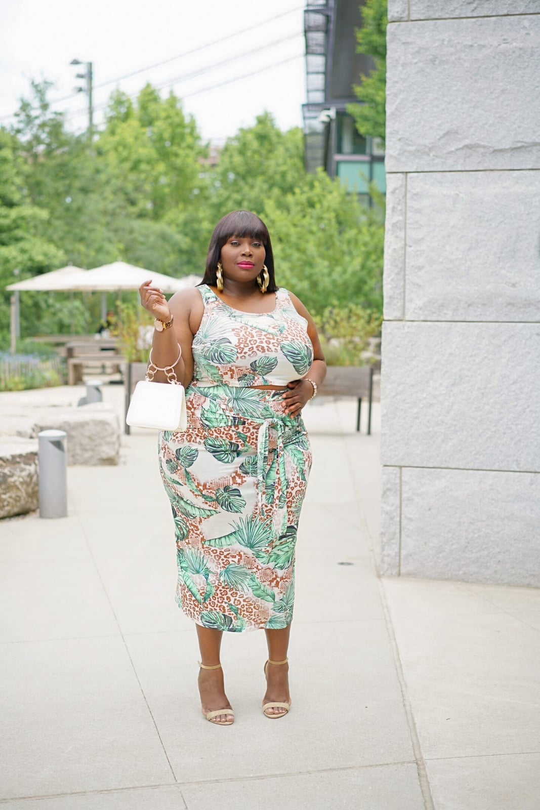 Green and Beige Tropical Print Crop Top and Pencil Skirt Set — Classy Tropical Outfits