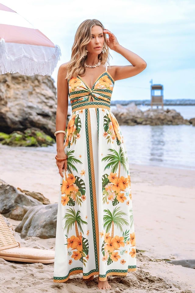 White Maxi Dress with Knot Front and Spaghetti Straps — Classy Tropical Outfits