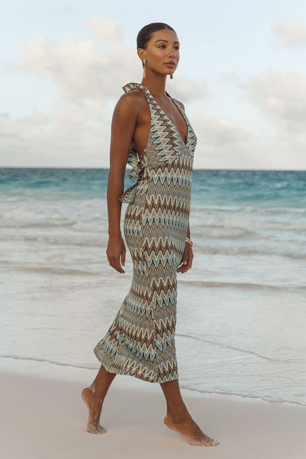 Brown, Beige, and Blue Chevron Knit Halter Dress — Classy Tropical Outfits
