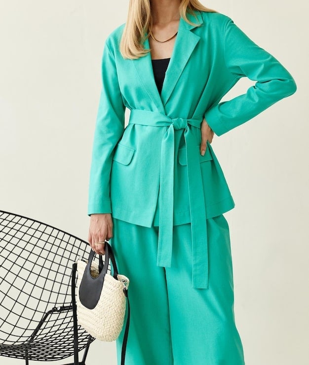 Turquoise Belted Blazer With Wide Leg Trousers Turquoise Belted Blazer With Wide Leg Trousers — Classy Turquoise Outfits