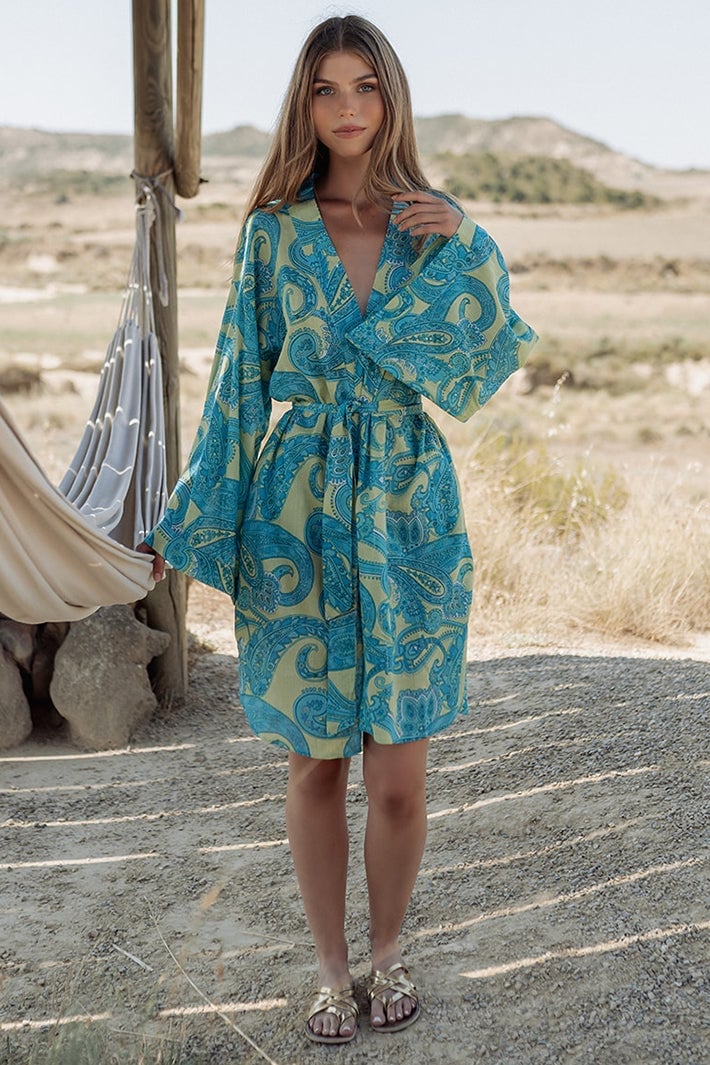 Blue Yellow Paisley Print Kimono Dress Blue Yellow Paisley Print Kimono Dress — Classy Turquoise Outfits