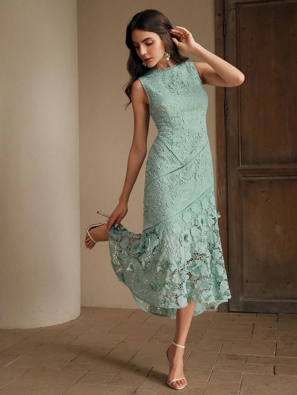Light Mint Green Lace Midi Dress With Floral Appliques Light Mint Green Lace Midi Dress With Floral Appliques — Classy Turquoise Outfits