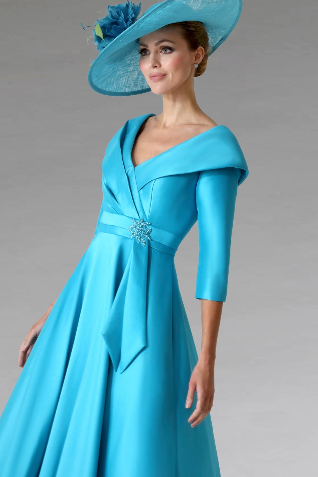 Bright Turquoise Satin Fit-and-Flare Dress With Brooch Bright Turquoise Satin Fit-and-Flare Dress With Brooch — Classy Turquoise Outfits