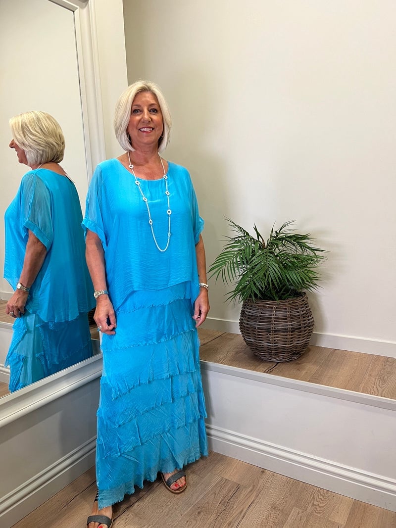 Bright Turquoise Tiered Dress With Ruffled Skirt Bright Turquoise Tiered Dress With Ruffled Skirt — Classy Turquoise Outfits