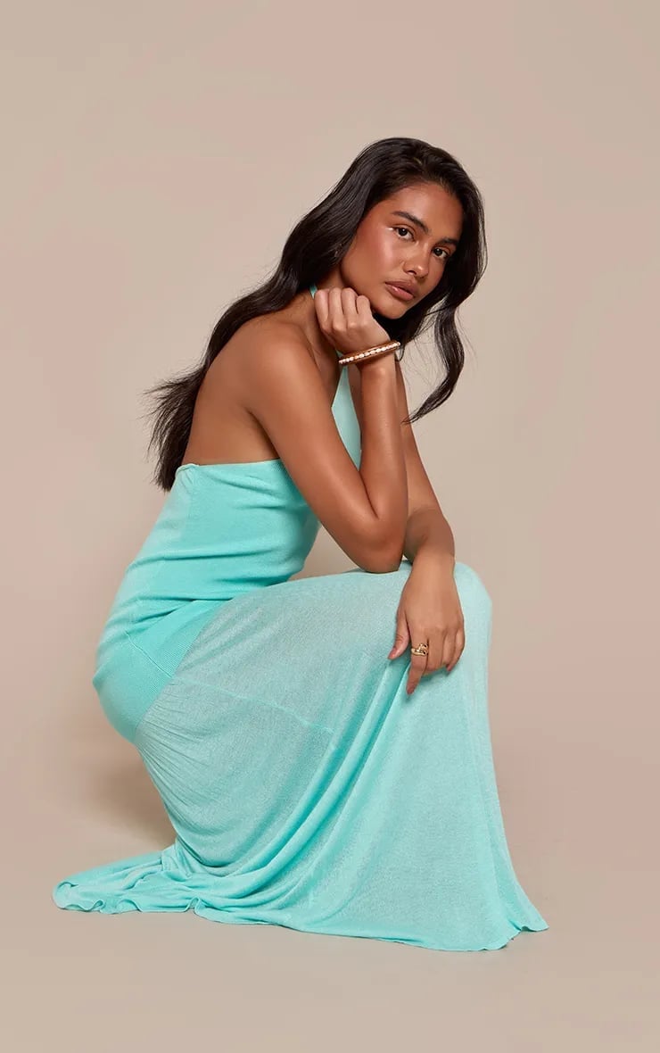 Solid Turquoise Knitted Halter Neck Maxi Dress Solid Turquoise Knitted Halter Neck Maxi Dress — Classy Turquoise Outfits