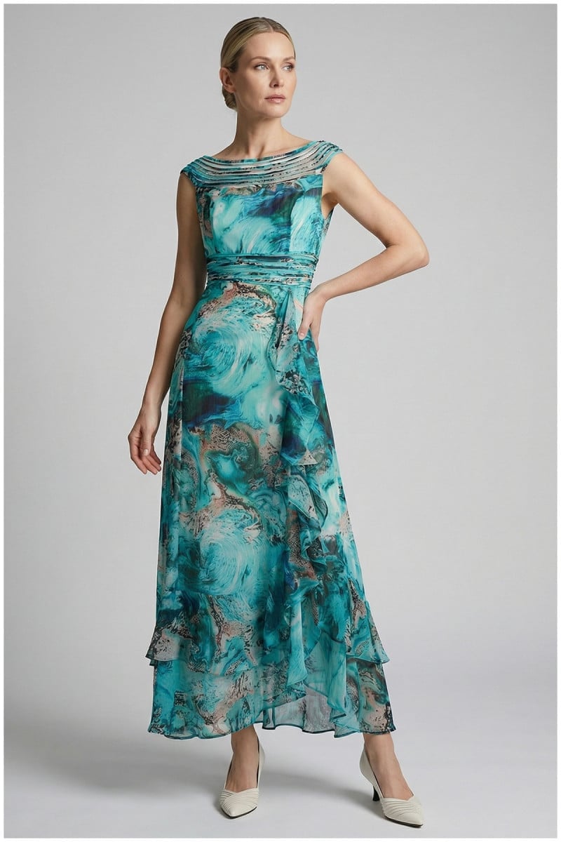 Turquoise White Abstract Pattern Long A-Line Dress Turquoise White Abstract Pattern Long A-Line Dress — Classy Turquoise Outfits