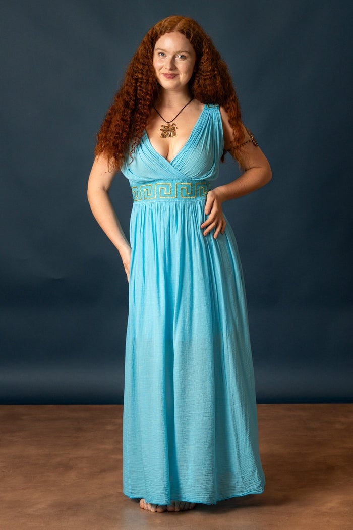 Bright Turquoise Empire Waist Maxi Dress With Gold Trim Bright Turquoise Empire Waist Maxi Dress With Gold Trim — Classy Turquoise Outfits