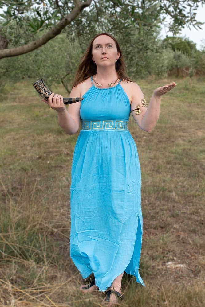 Light Blue Flowing Halter Neck Dress With Greek Key Belt Light Blue Flowing Halter Neck Dress With Greek Key Belt — Classy Turquoise Outfits