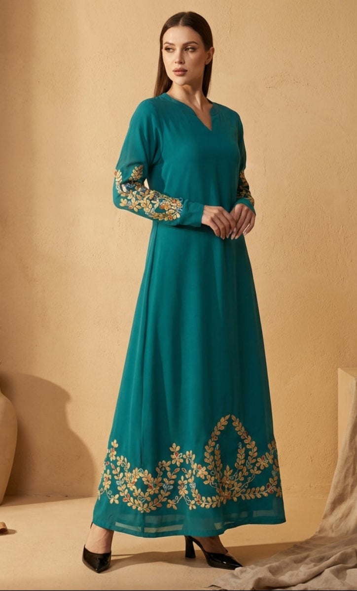Deep Teal Embroidered Long Sleeve Maxi Dress Deep Teal Embroidered Long Sleeve Maxi Dress — Classy Turquoise Outfits