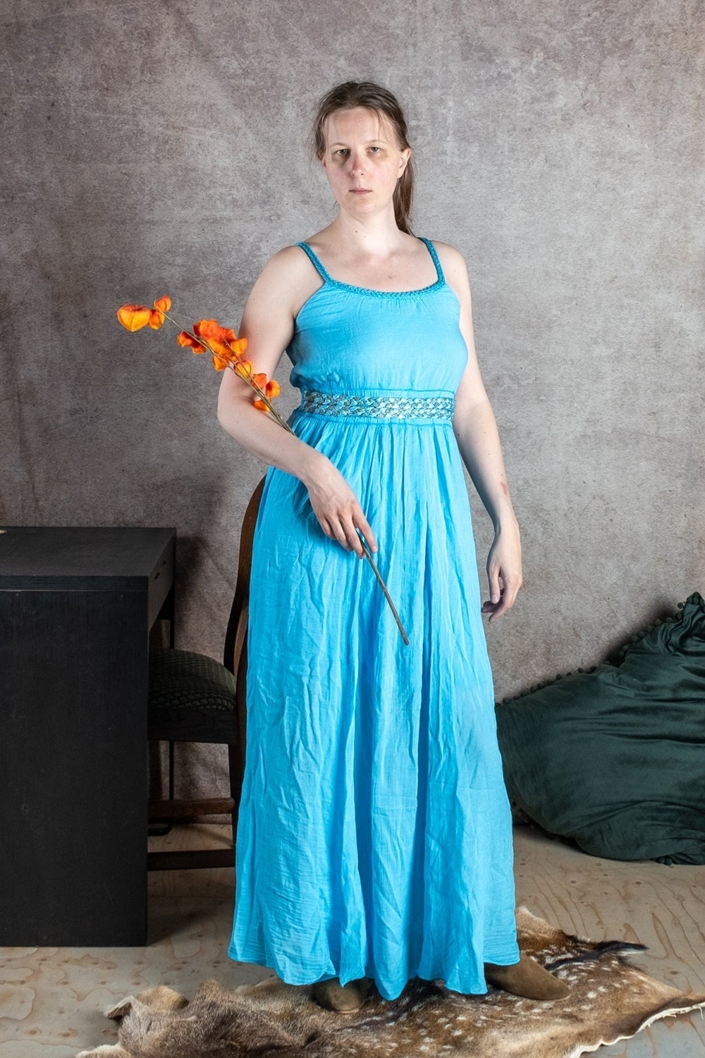 Bright Blue Cotton Maxi Dress With Embellished Neckline Bright Blue Cotton Maxi Dress With Embellished Neckline — Classy Turquoise Outfits