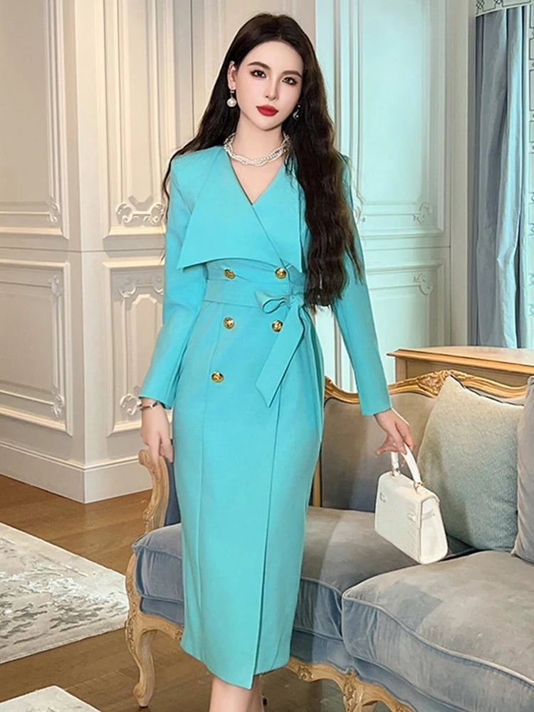 Turquoise Double-Breasted Belted Sheath Dress Turquoise Double-Breasted Belted Sheath Dress — Classy Turquoise Outfits