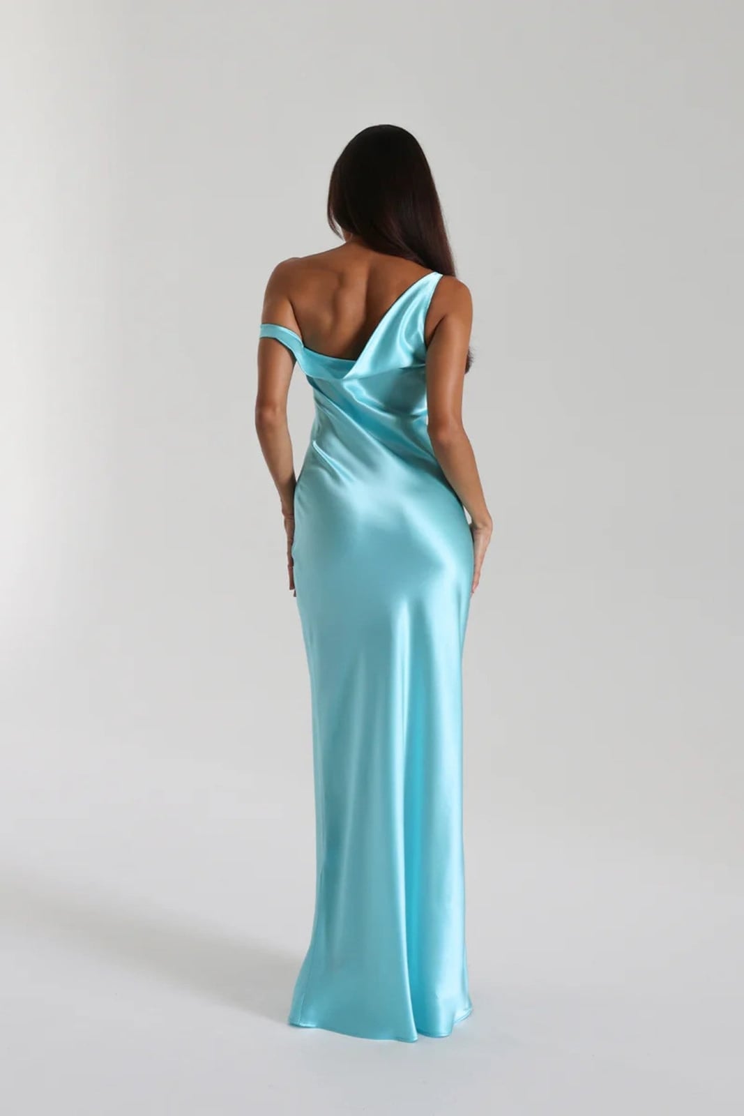 Light Blue Satin Silk One-Shoulder Gown Light Blue Satin Silk One-Shoulder Gown — Classy Turquoise Outfits