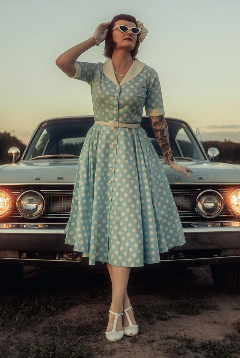 Light Blue Polka Dot Shirt Dress With Full Circle Skirt Light Blue Polka Dot Shirt Dress With Full Circle Skirt — Classy Turquoise Outfits